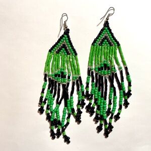 Vibrant Green and Black Beaded Earrings